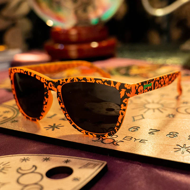 Exercise the Demons!!! sunglasses by Goodr in orange and black patterned frames with black lenses, lightweight glasses ideal for outdoor use