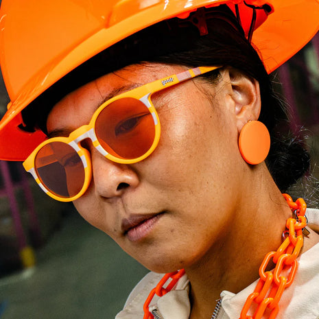 Face Under Construction by Goodr in orange and reflective silver with orange lenses, stylish glasses designed for bold outdoor use