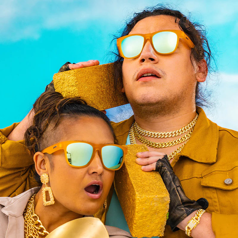 Gold Digging With Sasquatch by Goodr, amber reflective sunglasses with bold frame, stylish accessories for outdoor gold digging fun