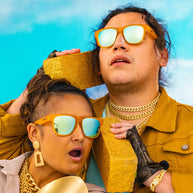Gold Digging With Sasquatch by Goodr, amber reflective sunglasses with bold frame, stylish accessories for outdoor gold digging fun