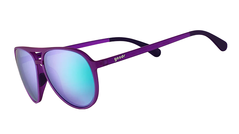It's Octopuses, Not Octopi sunglasses by Goodr in purple with blue mirrored lenses, lightweight glasses for outdoor activities.