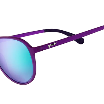 It's Octopuses, Not Octopi sunglasses by Goodr in purple with blue mirrored lenses, lightweight glasses for outdoor activities.