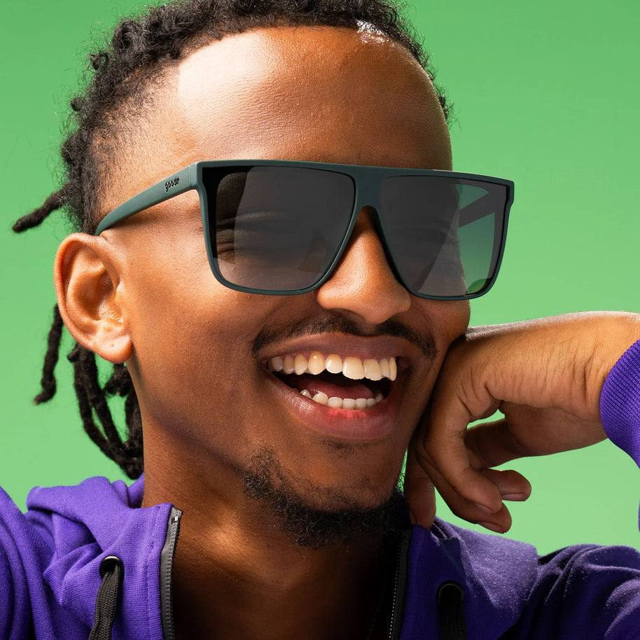 Tends To Get Noticed by Goodr oversized flat-top sunglasses in deep green with green gradient lenses, bold fashion statement for movers and shakers