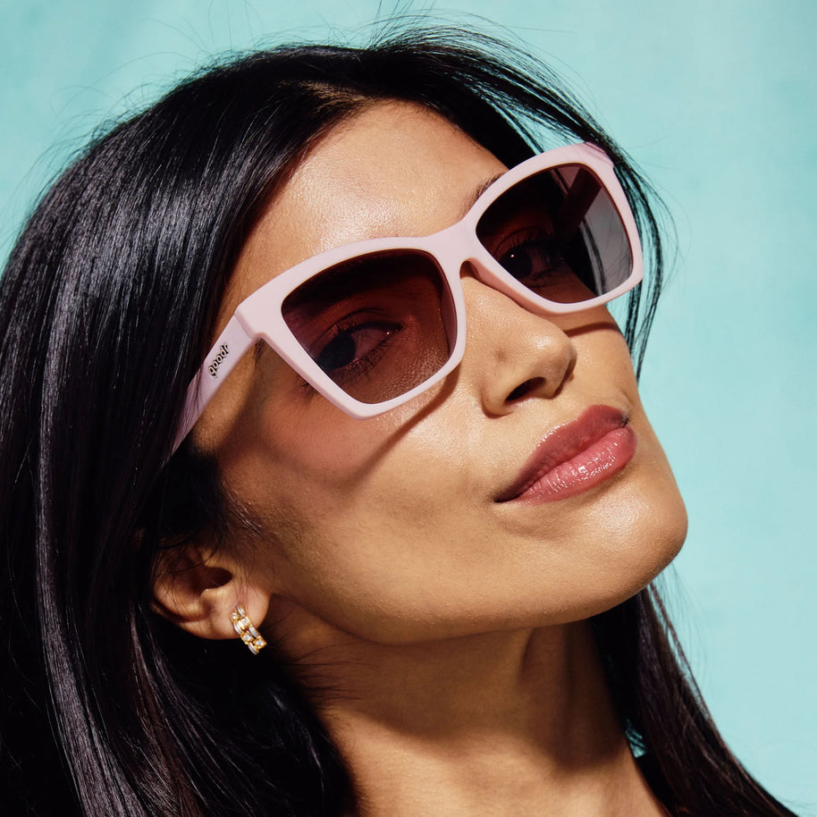 Rosé Retail Therapy by Goodr in light pink with rose ocean gradie lenses sunglasses, lightweight and stylish for casual outdoor wear