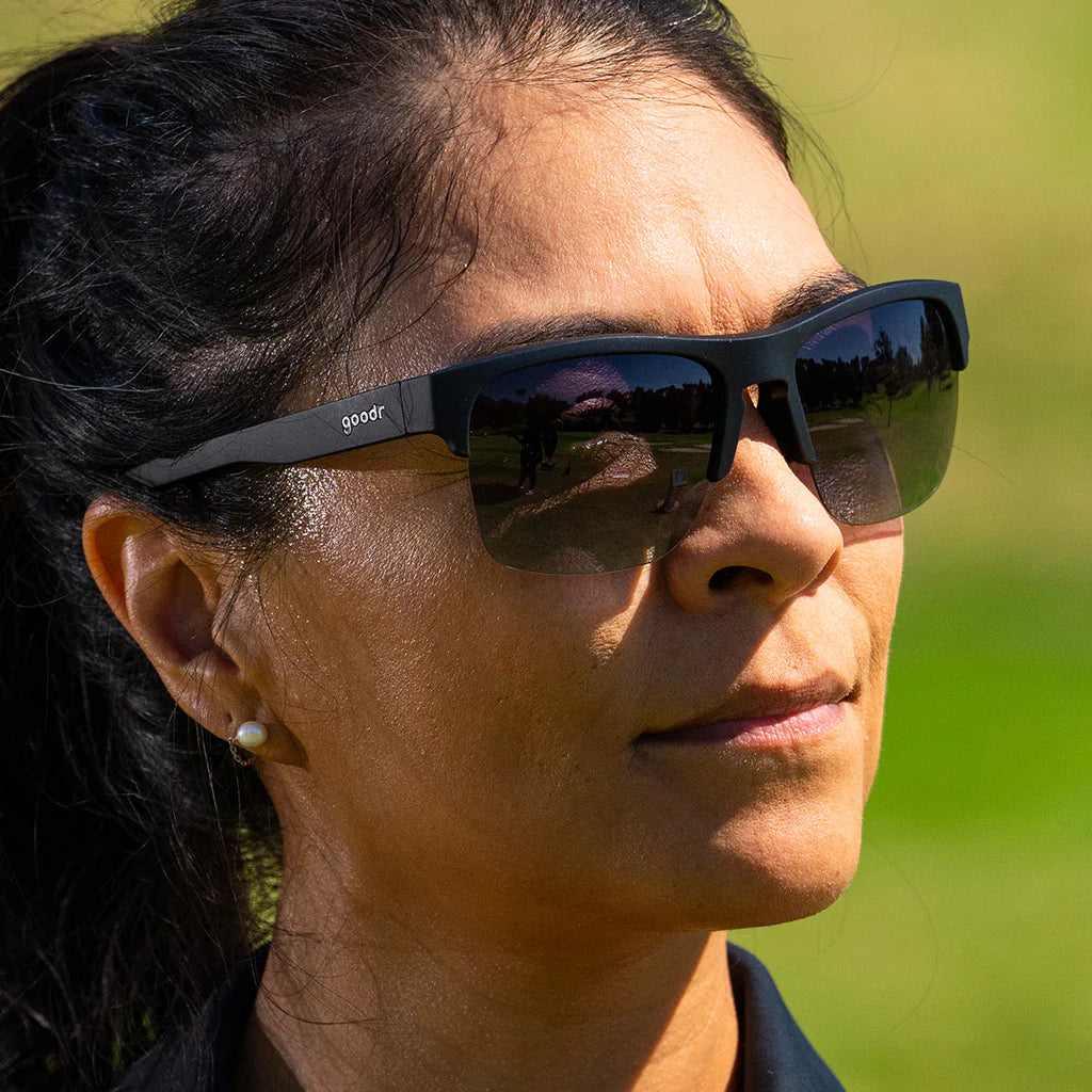 That New Asphalt Smell by Goodr in black with lightweight half-rim dual-lens wrap frame ideal for outdoor use