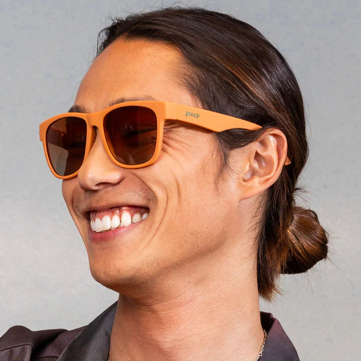 Mayor of Pangaea by Goodr in brown with orange-gold polarized ocean gradient lenses, stylish sunglasses for global influence and outdoor use