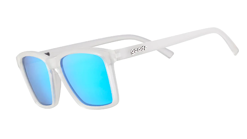 Middle Seat Advantage by Goodr in translucent frame with vibrant blue mirrored lenses, petite fit for smaller faces, glare reduction sunglasses