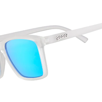 Middle Seat Advantage by Goodr in translucent frame with vibrant blue mirrored lenses, petite fit for smaller faces, glare reduction sunglasses
