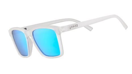 Middle Seat Advantage by Goodr in translucent frame with vibrant blue mirrored lenses, petite fit for smaller faces, glare reduction sunglasses
