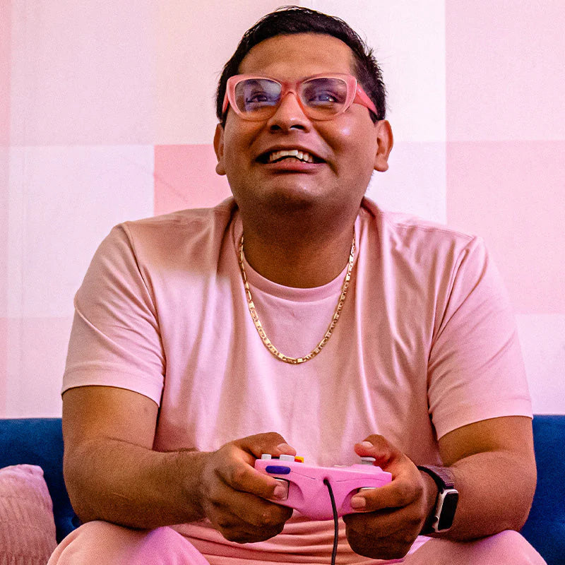 Rage Quit and Hit It by Goodr in pink cat-eye frame blue light-blocking gaming glasses for medium noggins
