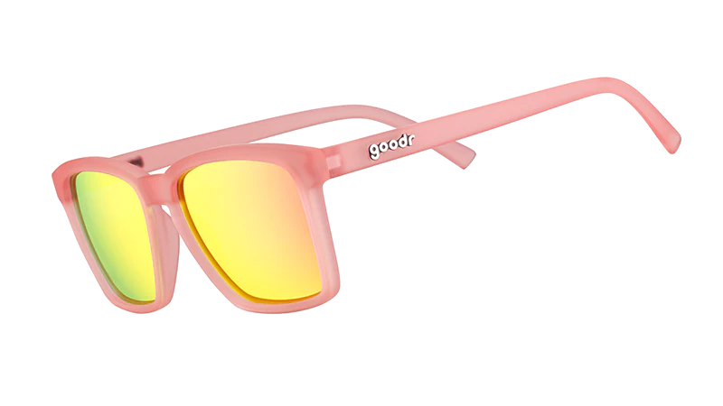 Shrimpin' Ain't Easy by Goodr in pink frame with vibrant mirrored lenses, slim fit for smaller faces, ideal for outdoor activities
