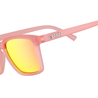 Shrimpin' Ain't Easy by Goodr in pink frame with vibrant mirrored lenses, slim fit for smaller faces, ideal for outdoor activities