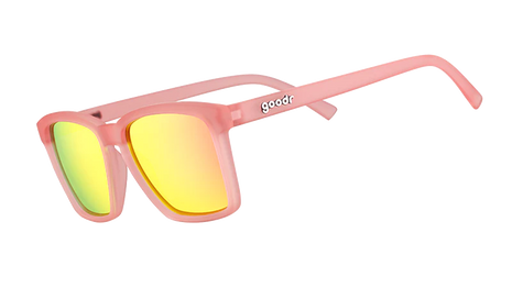 Shrimpin' Ain't Easy by Goodr in pink frame with vibrant mirrored lenses, slim fit for smaller faces, ideal for outdoor activities
