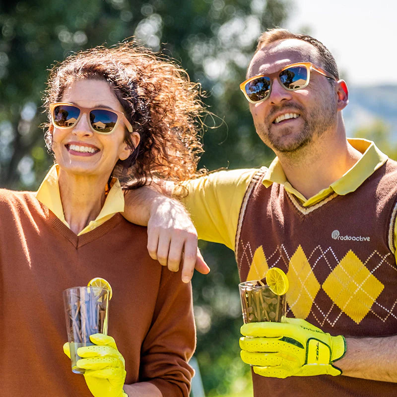 Three Parts Tee by Goodr in brown gradient with polarized lenses, high contrast glasses ideal for golf and outdoor celebrations