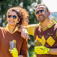 Three Parts Tee by Goodr in brown gradient with polarized lenses, high contrast glasses ideal for golf and outdoor celebrations