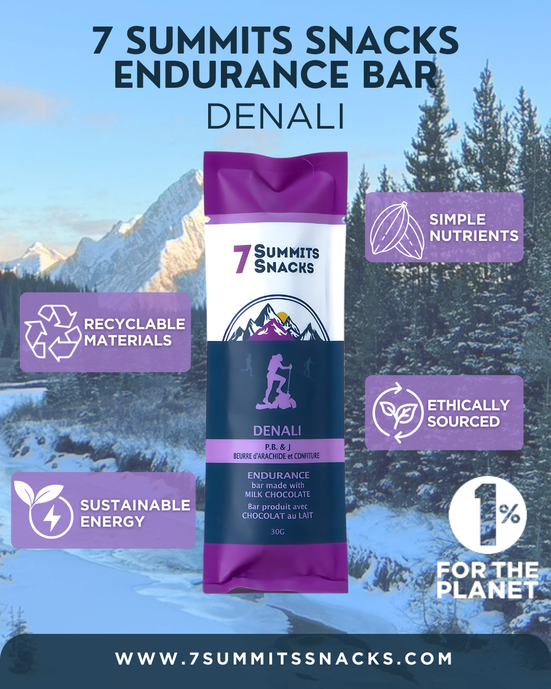 Denali Milk Chocolate Endurance Bar (30g) by 7 Summit Snacks in purple and navy, rich cocoa with honey and peanut butter for sustained energy