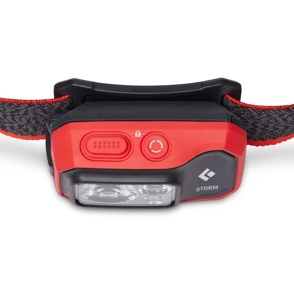Storm 450 Headlamp by Black Diamond in red and black, waterproof dual-fuel headlamp with 450 lumens ideal for outdoor adventures