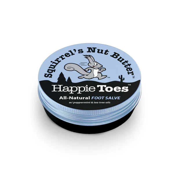 Happie Toes Blend (Metal Tin) by Squirrel's Nut Butter, blue eco-friendly 2oz foot salve with peppermint for restoring damaged skin between runs