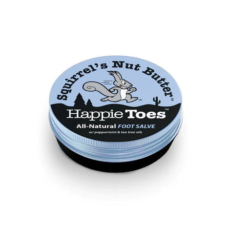 Happie Toes Blend (Metal Tin) by Squirrel's Nut Butter, blue eco-friendly 2oz foot salve with peppermint for restoring damaged skin between runs