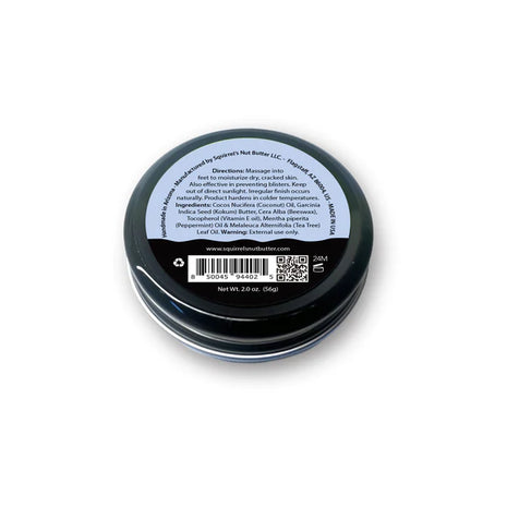 Happie Toes Blend (Metal Tin) by Squirrel's Nut Butter in black tin, foot salve for restoring damaged skin and moisturizing dry feet