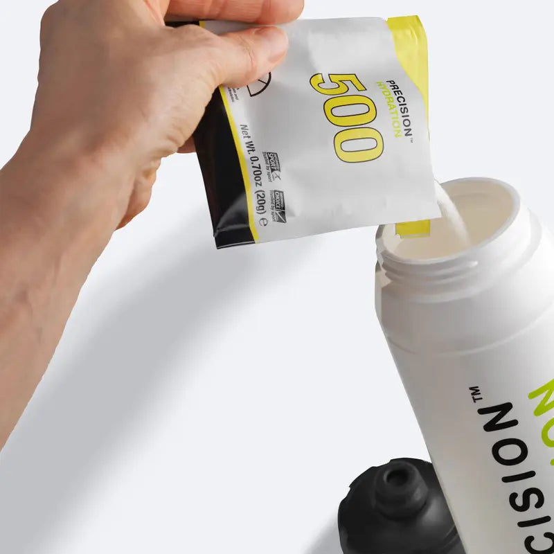 Hydration Powder 500 by Precision Fuel & Hydration in white and yellow, electrolyte drink mix for athletic hydration and sweat replacement