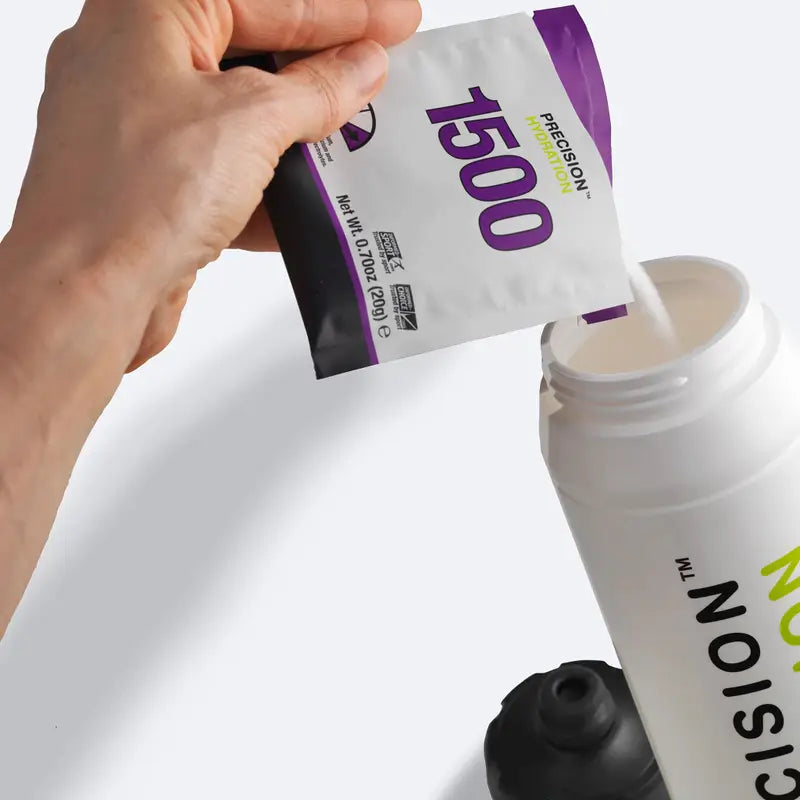 Hydration Powder 1500 by Precision Fuel & Hydration in white and purple, electrolyte drink mix for athletes to stay hydrated during running and exercise