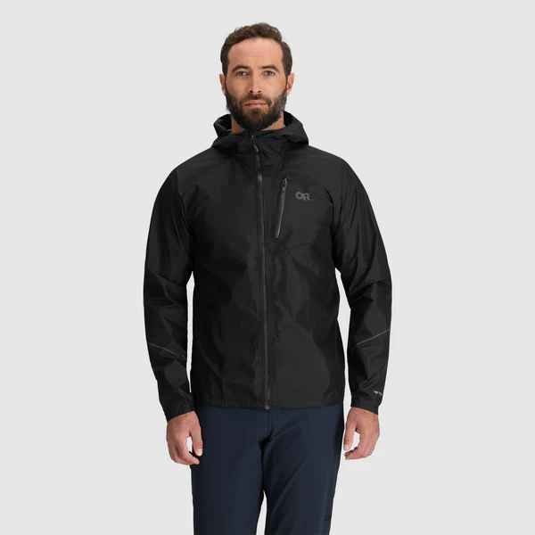 Helium Rain Jacket - Men by Outdoor Research in black, lightweight waterproof durable jacket with packable design for outdoor protection