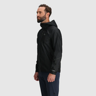 Helium Rain Jacket - Men by Outdoor Research in black, lightweight waterproof durable jacket with hood for reliable outdoor protection and packing down small