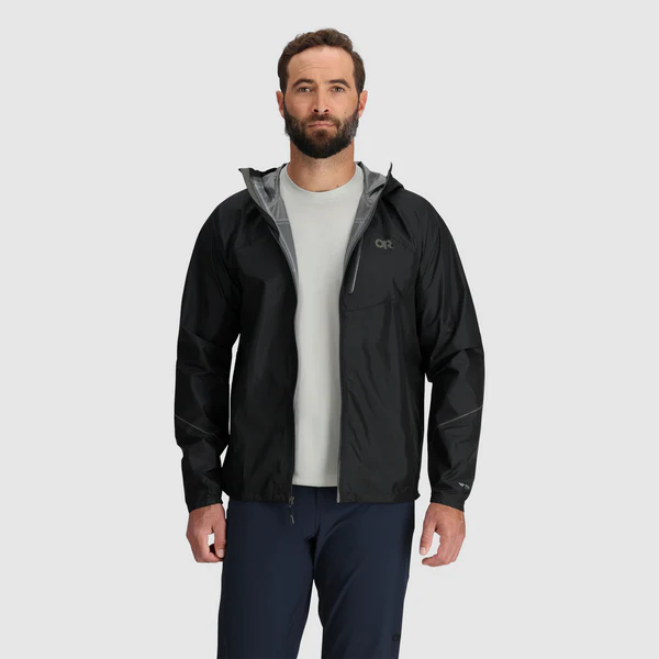 Helium Rain Jacket - Men by Outdoor Research in black lightweight waterproof jacket with durable protection for outdoor running and hiking