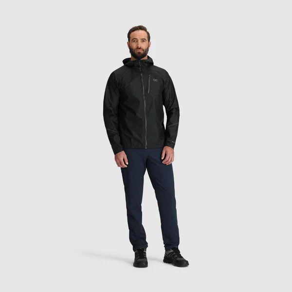 Helium Rain Jacket - Men by Outdoor Research in black, lightweight waterproof jacket with durable protection for outdoor use and travel
