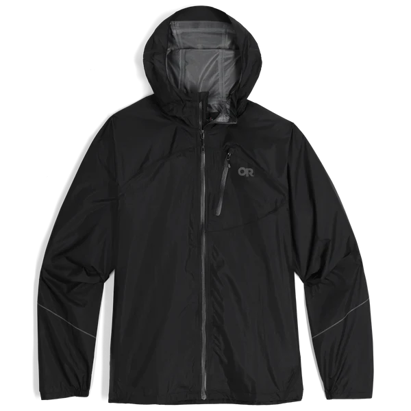 Helium Rain Jacket - Men by Outdoor Research in black, lightweight waterproof jacket with durable protection ideal for running and outdoor use