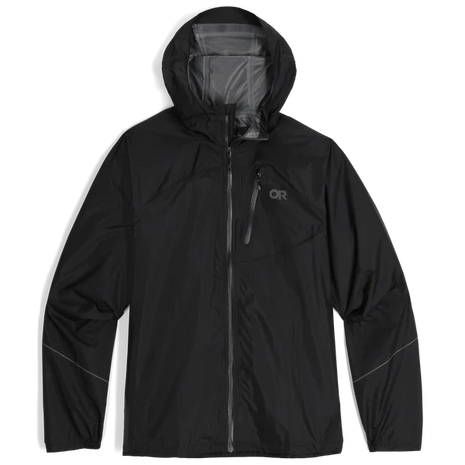 Helium Rain Jacket - Men by Outdoor Research in black, lightweight waterproof jacket with durable protection ideal for running and outdoor use
