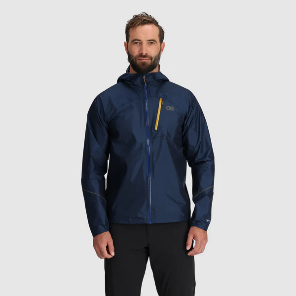 Helium Rain Jacket - Men by Outdoor Research in navy with yellow zipper, lightweight waterproof jacket with durable protection for outdoor use