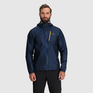 Helium Rain Jacket - Men by Outdoor Research in navy with yellow zipper, lightweight waterproof jacket with durable protection for outdoor use
