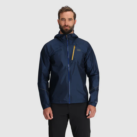 Helium Rain Jacket - Men by Outdoor Research in navy with yellow zipper, lightweight waterproof jacket with durable protection for outdoor use