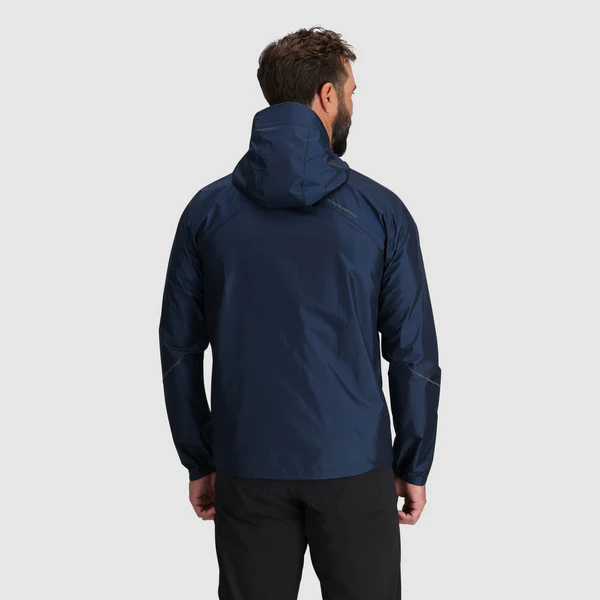 Helium Rain Jacket - Men by Outdoor Research in navy, lightweight waterproof jacket with durable protection and packable design for outdoor use