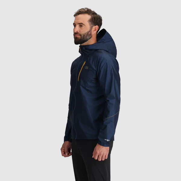 Helium Rain Jacket - Men by Outdoor Research in navy blue, lightweight waterproof jacket with hood, durable and packable for outdoor protection