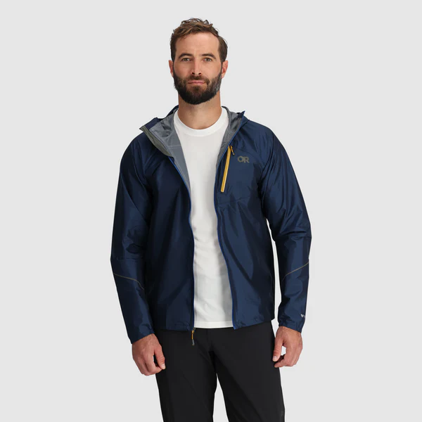 Helium Rain Jacket - Men by Outdoor Research in navy blue, lightweight durable waterproof jacket with hood for outdoor protection and running
