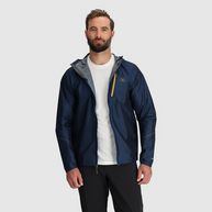 Helium Rain Jacket - Men by Outdoor Research in navy blue, lightweight durable waterproof jacket with hood for outdoor protection and running