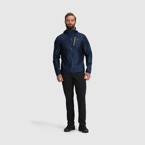 Helium Rain Jacket - Men by Outdoor Research in navy blue, lightweight waterproof jacket with durable protection ideal for outdoor use