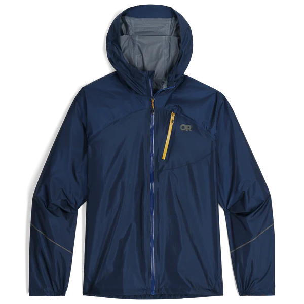 Helium Rain Jacket - Men by Outdoor Research in navy with yellow zipper, lightweight waterproof jacket for durable rain protection and packable use