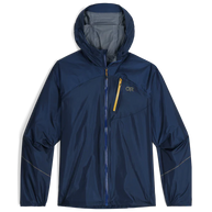 Helium Rain Jacket - Men by Outdoor Research in navy with yellow zipper, lightweight waterproof jacket for durable rain protection and packable use