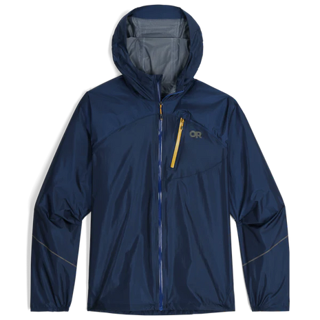 Helium Rain Jacket - Men by Outdoor Research in navy with yellow zipper, lightweight waterproof jacket for durable rain protection and packable use