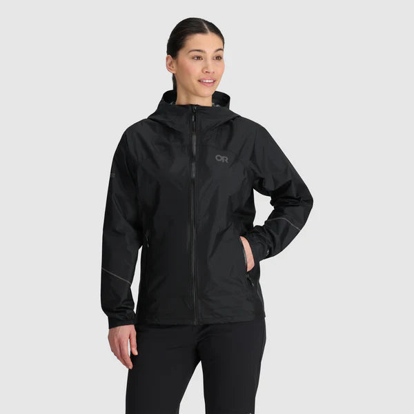 Helium Rain Jacket - Women by Outdoor Research in black, packable waterproof jacket with two hand pockets for versatile outdoor protection