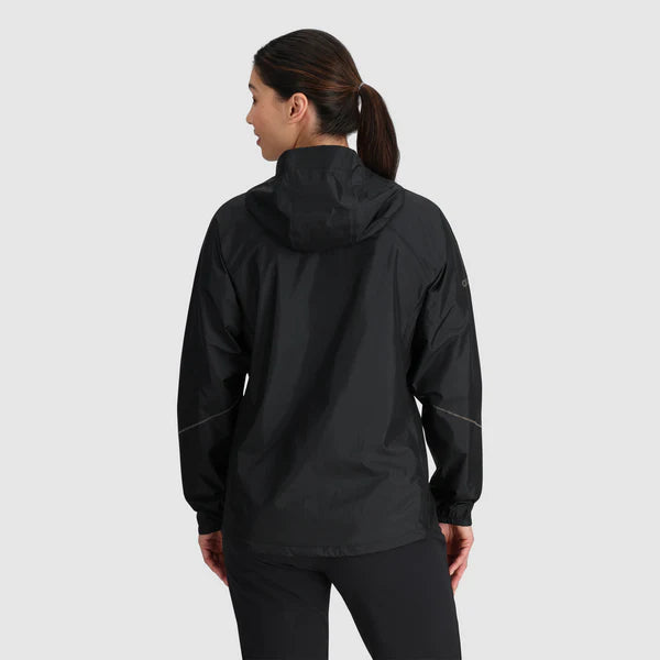 Helium Rain Jacket - Women by Outdoor Research in black, packable waterproof jacket with two hand pockets ideal for outdoor use