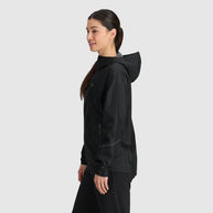 Helium Rain Jacket - Women by Outdoor Research in black, packable waterproof jacket with two hand pockets for outdoor protection and storage
