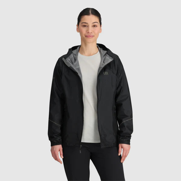 Helium Rain Jacket - Women by Outdoor Research in black, waterproof and packable with two hand pockets ideal for outdoor protection