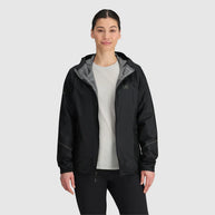 Helium Rain Jacket - Women by Outdoor Research in black, waterproof and packable with two hand pockets ideal for outdoor protection