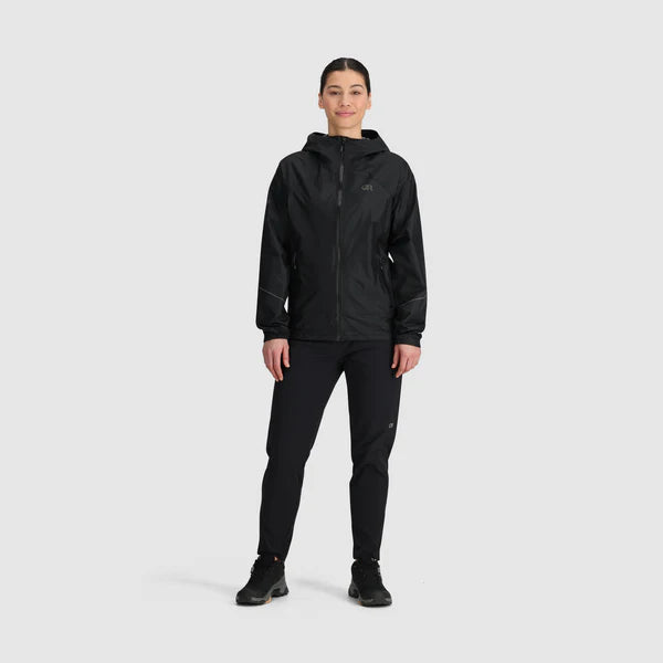 Helium Rain Jacket - Women by Outdoor Research in black, waterproof packable jacket with two hand pockets for outdoor protection and storage