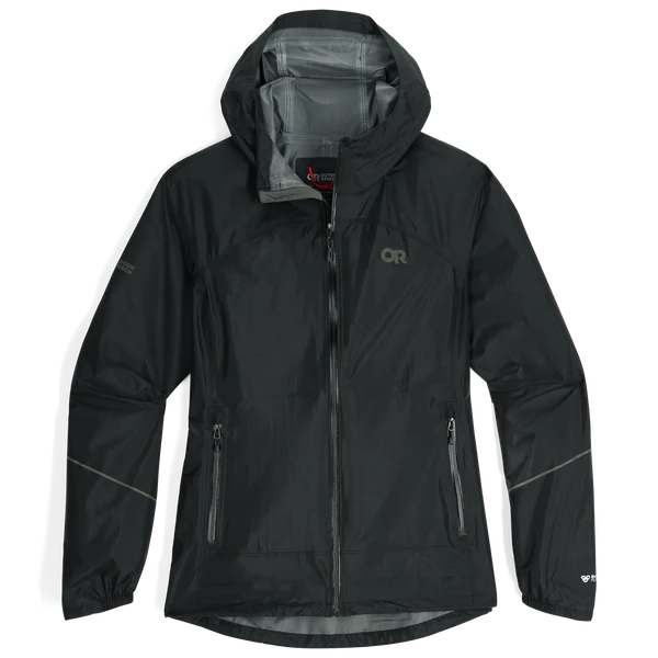 Helium Rain Jacket - Women by Outdoor Research in black, packable waterproof jacket with two hand pockets ideal for rain protection